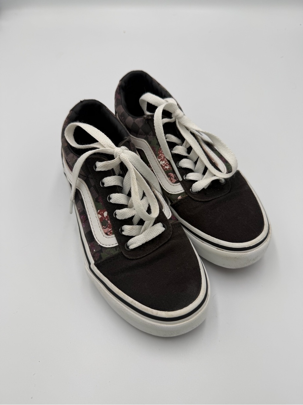Vans Black and White Low-Top Sneakers with Floral Checker Panels